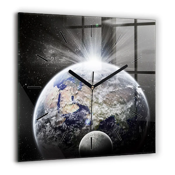 Horloge carrée en verre 60x60 cm Terre Lune Soleil