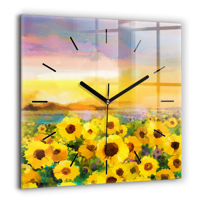 Pendule carrée en verre 60x60 cm Champ de tournesols