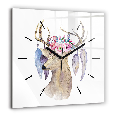 Pendule carrée en verre 60x60 cm Tête de cerf et fleurs