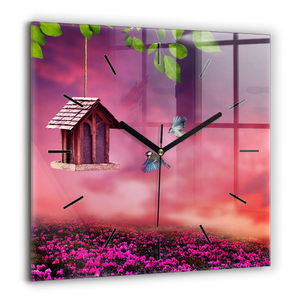 Pendule carrée en verre 60x60 cm Maison d'oiseau
