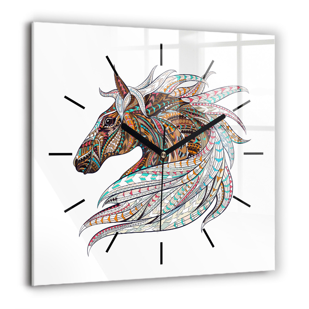 Pendule carrée en verre 60x60 cm Illustration d'un cheval