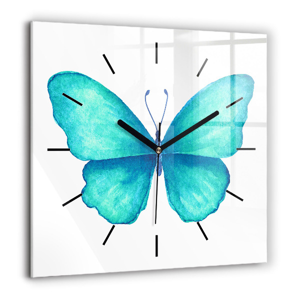 Horloge carrée en verre 60x60 cm Papillon d'été turquoise