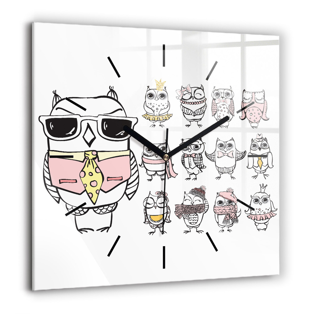 Pendule carrée en verre 60x60 cm Affiche vintage avec des hiboux