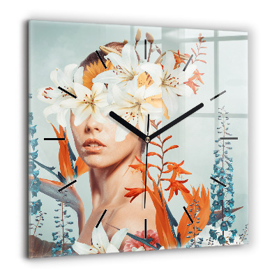 Pendule carrée en verre 60x60 cm Femme avec des fleurs