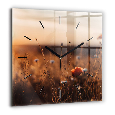 Pendule carrée en verre 60x60 cm Lever de soleil dans un champ