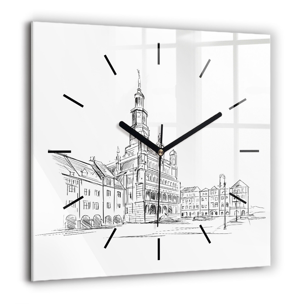 Horloge murale carrée 60x60 cm Croquis de la vieille ville de Poznań