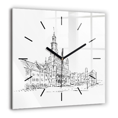 Horloge murale carrée 60x60 cm Croquis de la vieille ville de Poznań