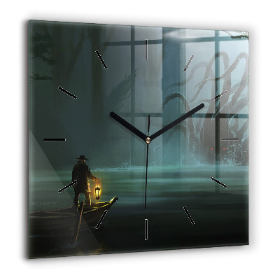 Pendule carrée en verre 60x60 cm Homme et monstre dans un marais