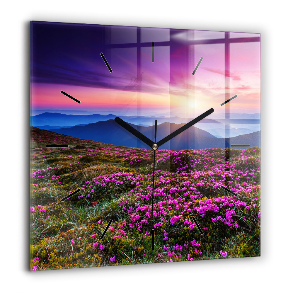 Horloge murale carrée 60x60 cm Lever de soleil et fleurs