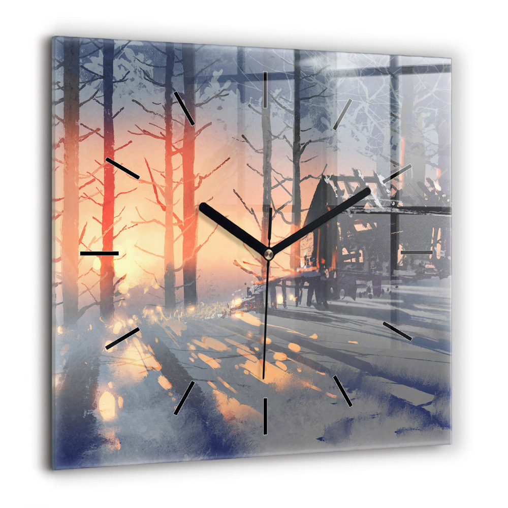 Pendule carrée en verre 60x60 cm Paysage hivernal d'arbres