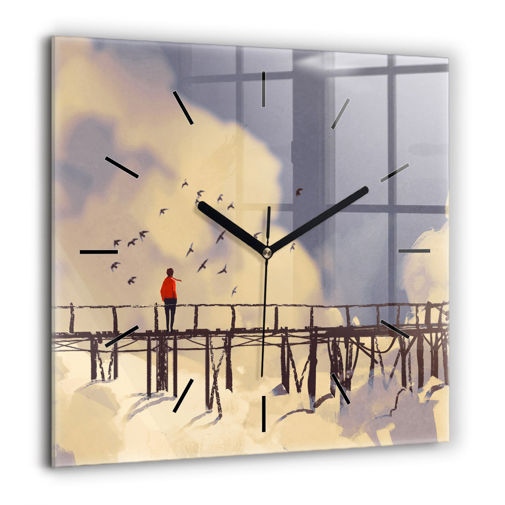 Horloge murale carrée 60x60 cm Homme sur un vieux pont