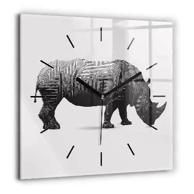 Pendule carrée en verre 60x60 cm Rhinocéros - dessin au trait