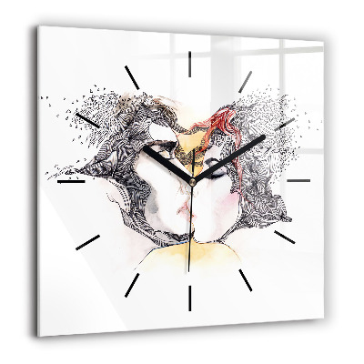 Horloge carrée en verre 60x60 cm Dessin d'un baiser d'amour