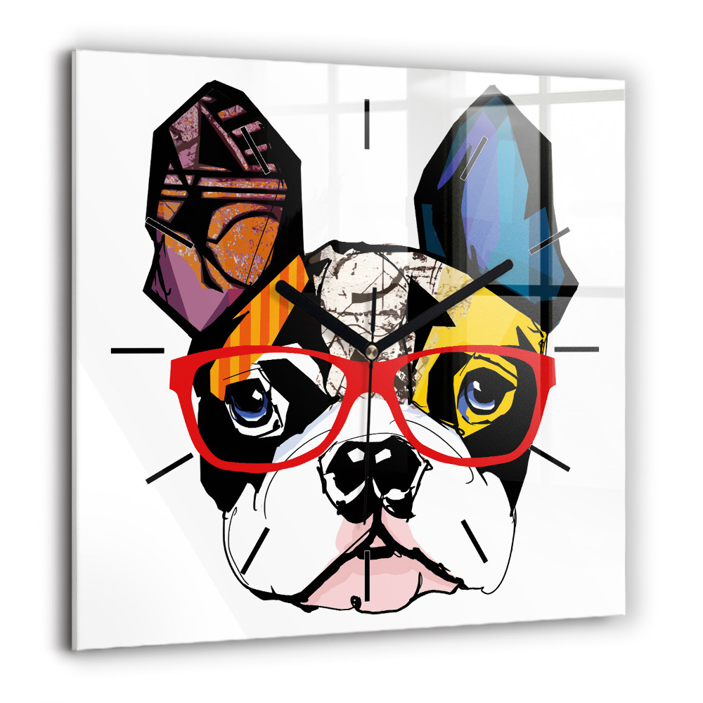 Horloge carrée en verre 60x60 cm Bouledogue français à lunettes