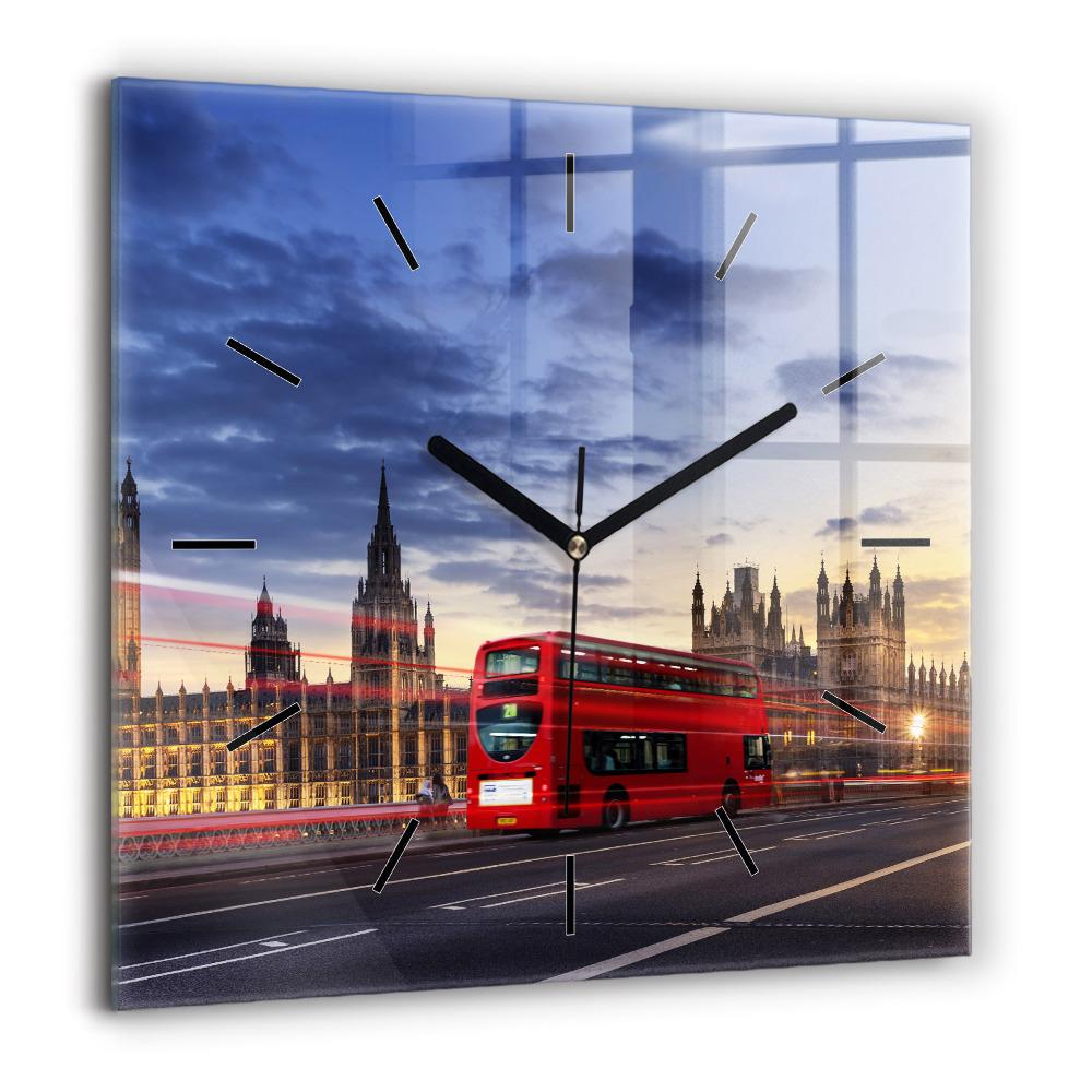 Horloge carrée en verre 60x60 cm Bus rouge de Londres