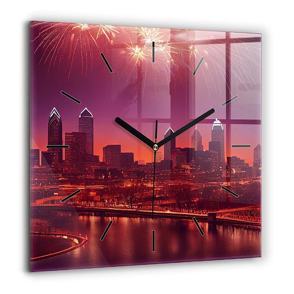 Horloge carrée en verre 60x60 cm Ville de Philadelphie la nuit