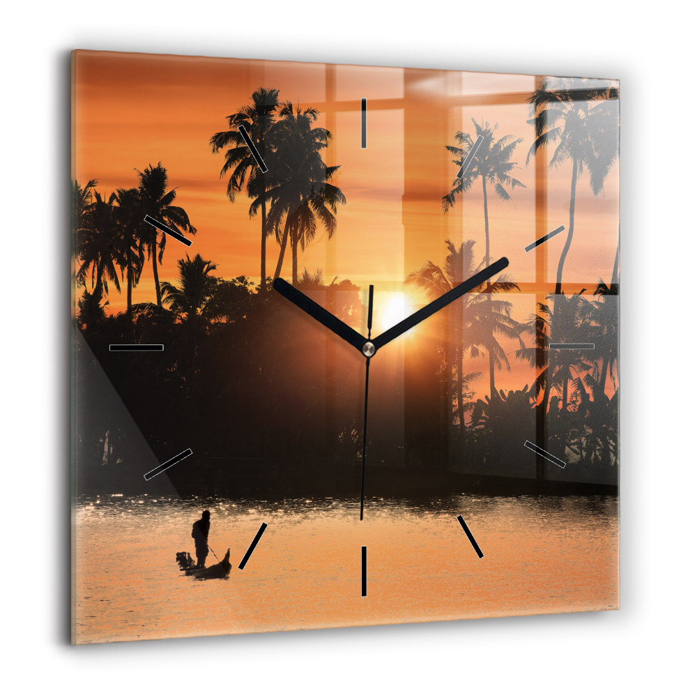 Horloge murale carrée 60x60 cm Coucher de soleil et palmiers