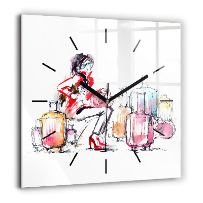 Pendule carrée en verre 60x60 cm Femme avec valises