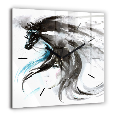 Pendule carrée en verre 60x60 cm Cheval et femme abstraits