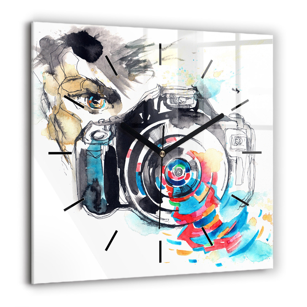 Pendule carrée en verre 60x60 cm Femme photographe