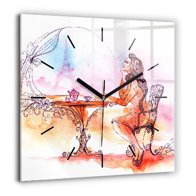 Horloge carrée en verre 60x60 cm Femme buvant du thé