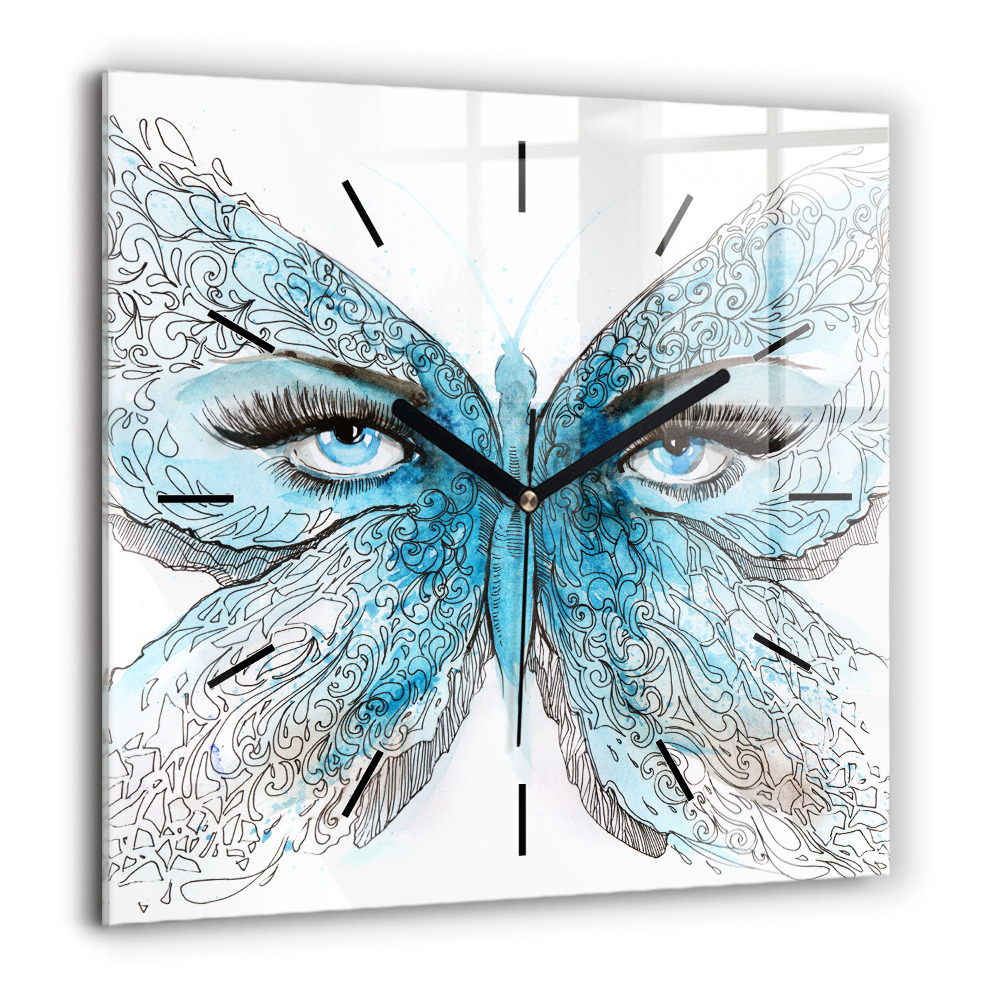 Pendule carrée en verre 60x60 cm Visage en forme de papillon