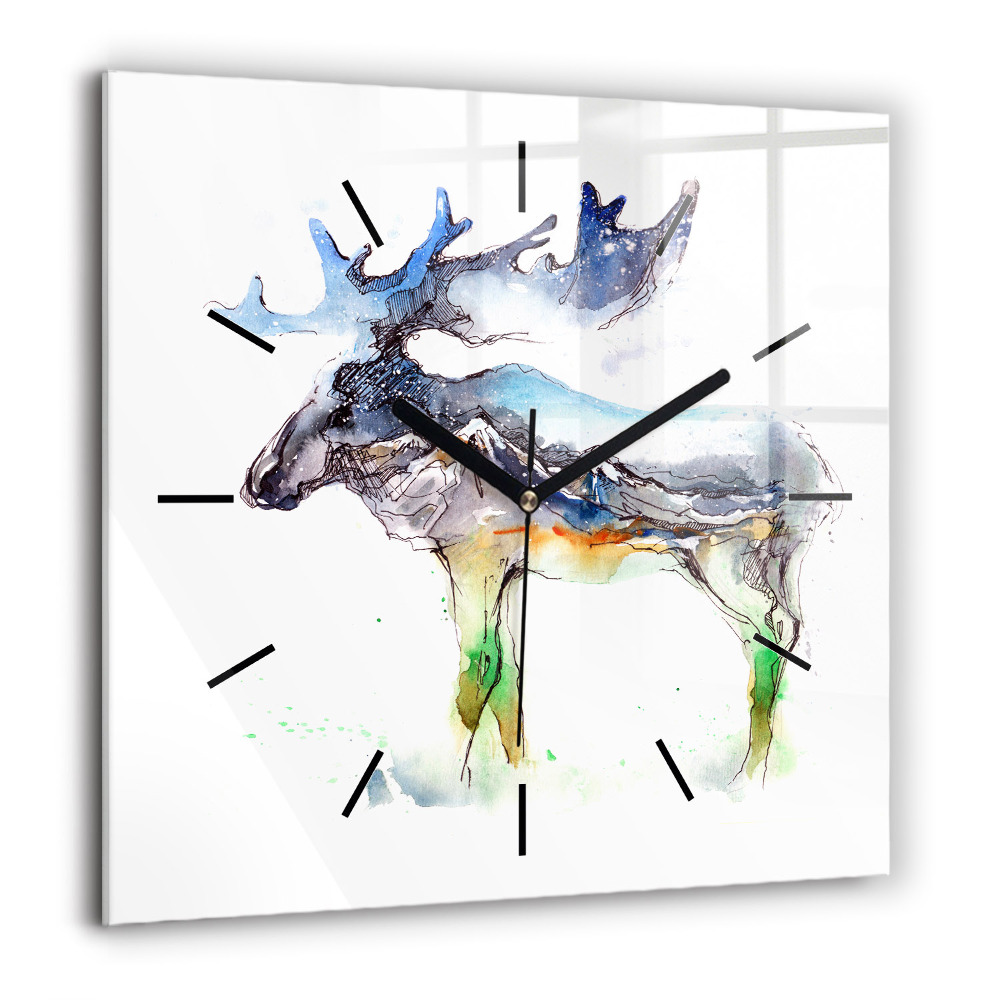 Horloge murale carrée 60x60 cm Orignal et paysage de montagne