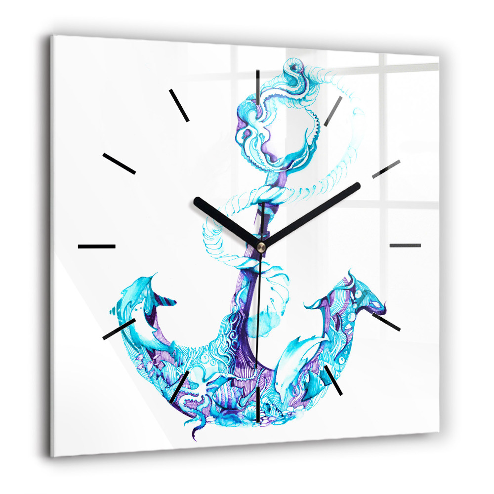 Horloge carrée en verre 60x60 cm Ancre de mer