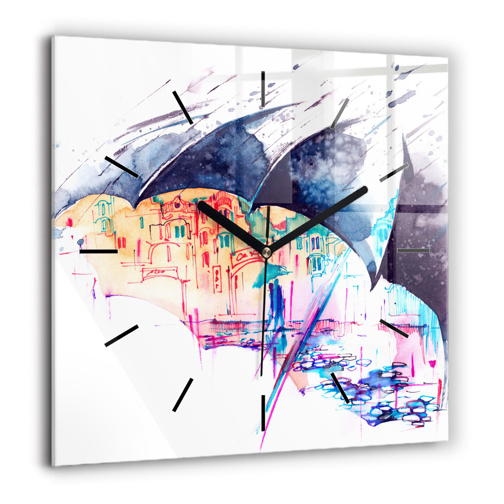 Horloge murale carrée 60x60 cm Parapluie et ville