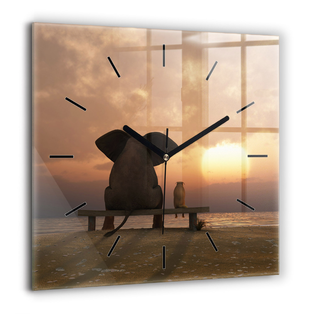 Pendule carrée en verre 60x60 cm Animaux et coucher de soleil
