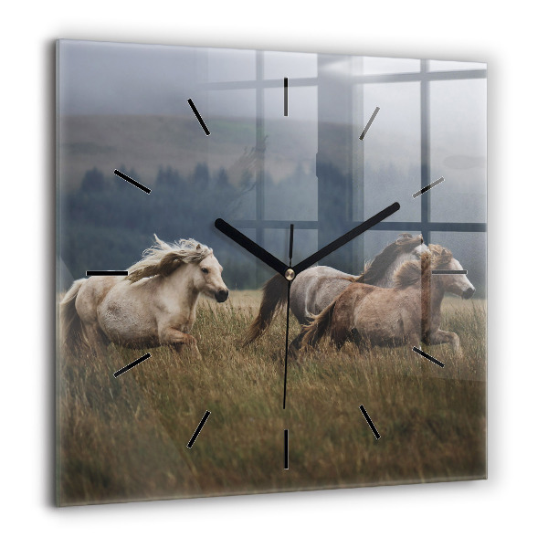 Pendule carrée en verre 60x60 cm Chevaux au galop