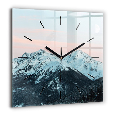 Horloge carrée en verre 60x60 cm Chaîne de montagnes en hiver