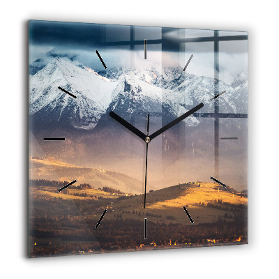 Horloge carrée en verre 60x60 cm Paysage hivernal des Tatras
