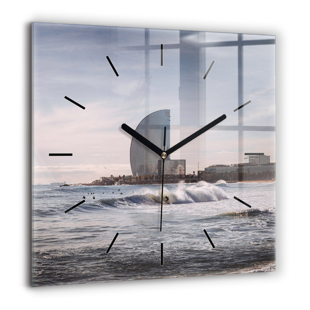Pendule carrée en verre 60x60 cm Surfeur de Barcelone