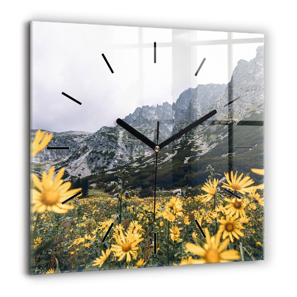 Pendule carrée en verre 60x60 cm Prairie de fleurs dans les montagnes