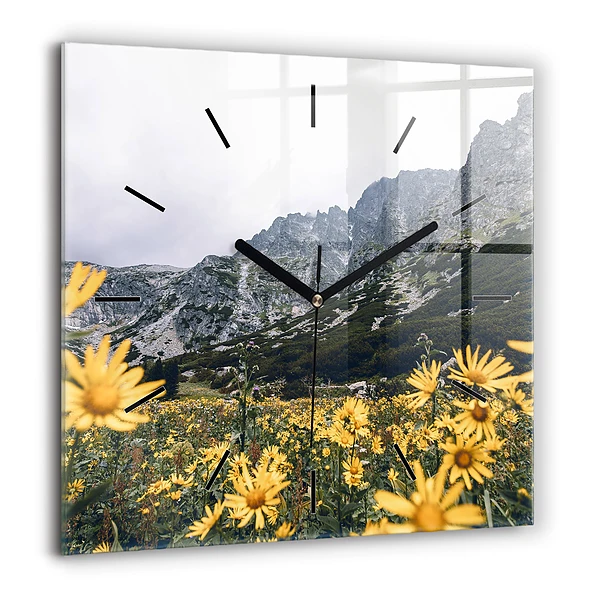 Pendule carrée en verre 60x60 cm Prairie de fleurs dans les montagnes
