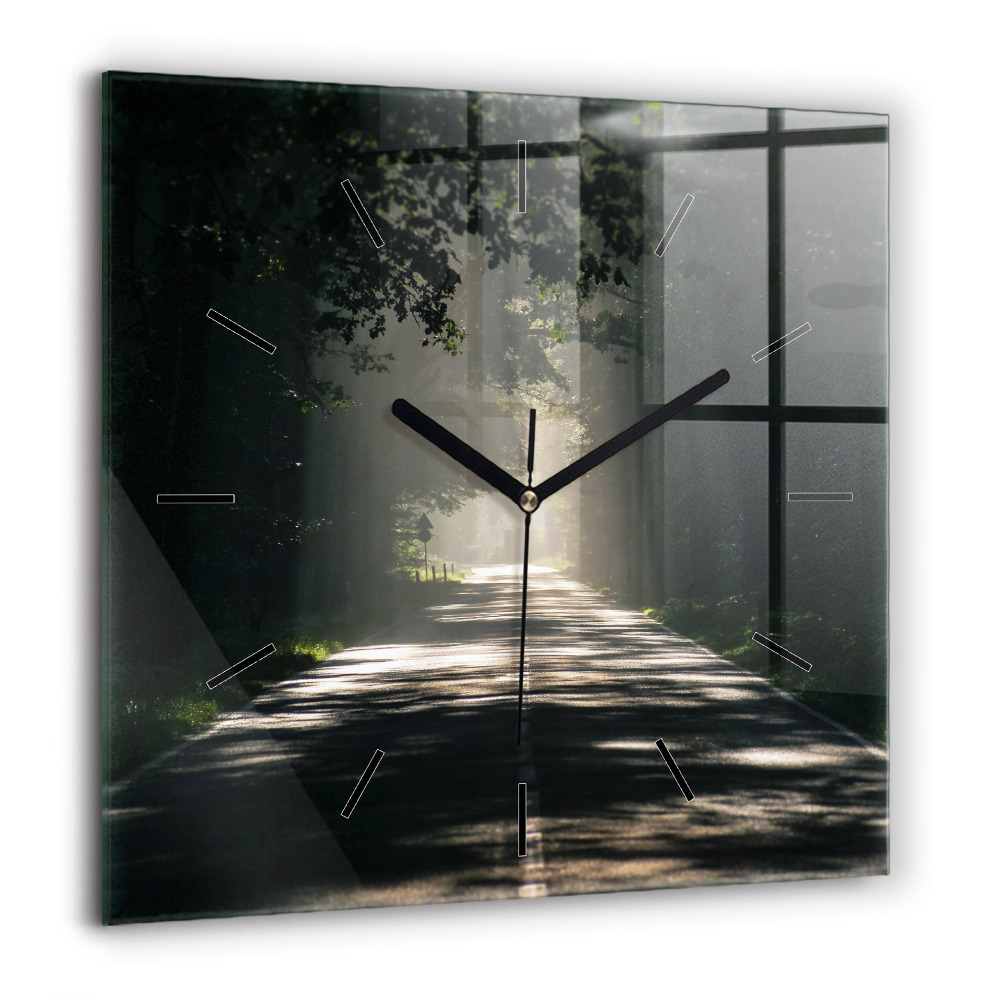 Horloge murale carrée 60x60 cm Route forestière et traînées de soleil