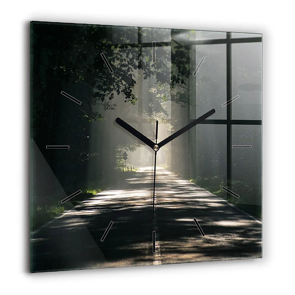 Horloge murale carrée 60x60 cm Route forestière et traînées de soleil