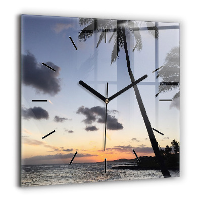 Pendule carrée en verre 60x60 cm Palmier et lever de soleil
