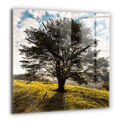 Horloge carrée en verre 60x60 cm Arbre sur une colline
