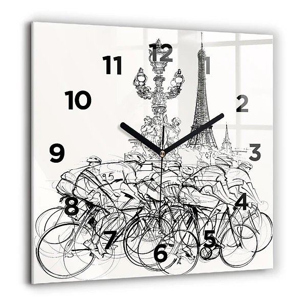 Pendule carrée en verre 60x60 cm Dessin d'une course cycliste