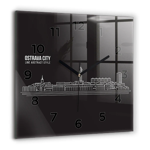 Horloge carrée en verre 60x60 cm Dessin de la ville d'Ostrava