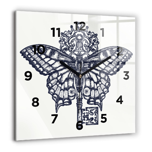 Pendule carrée en verre 60x60 cm Papillon et clé - style boho