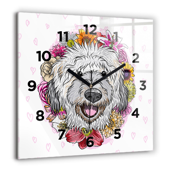 Pendule carrée en verre 60x60 cm Chien heureux dans les fleurs