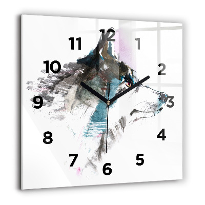 Pendule carrée en verre 60x60 cm Profil d'un loup peint