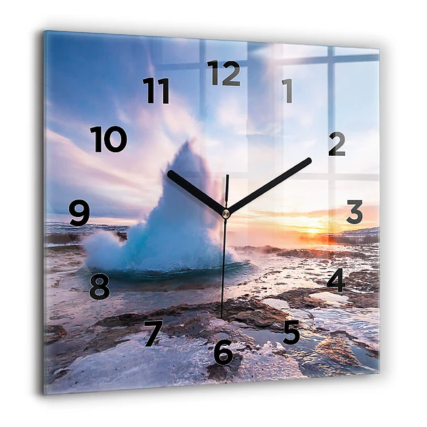 Pendule carrée en verre 60x60 cm Geyser sur l'île d'Islande