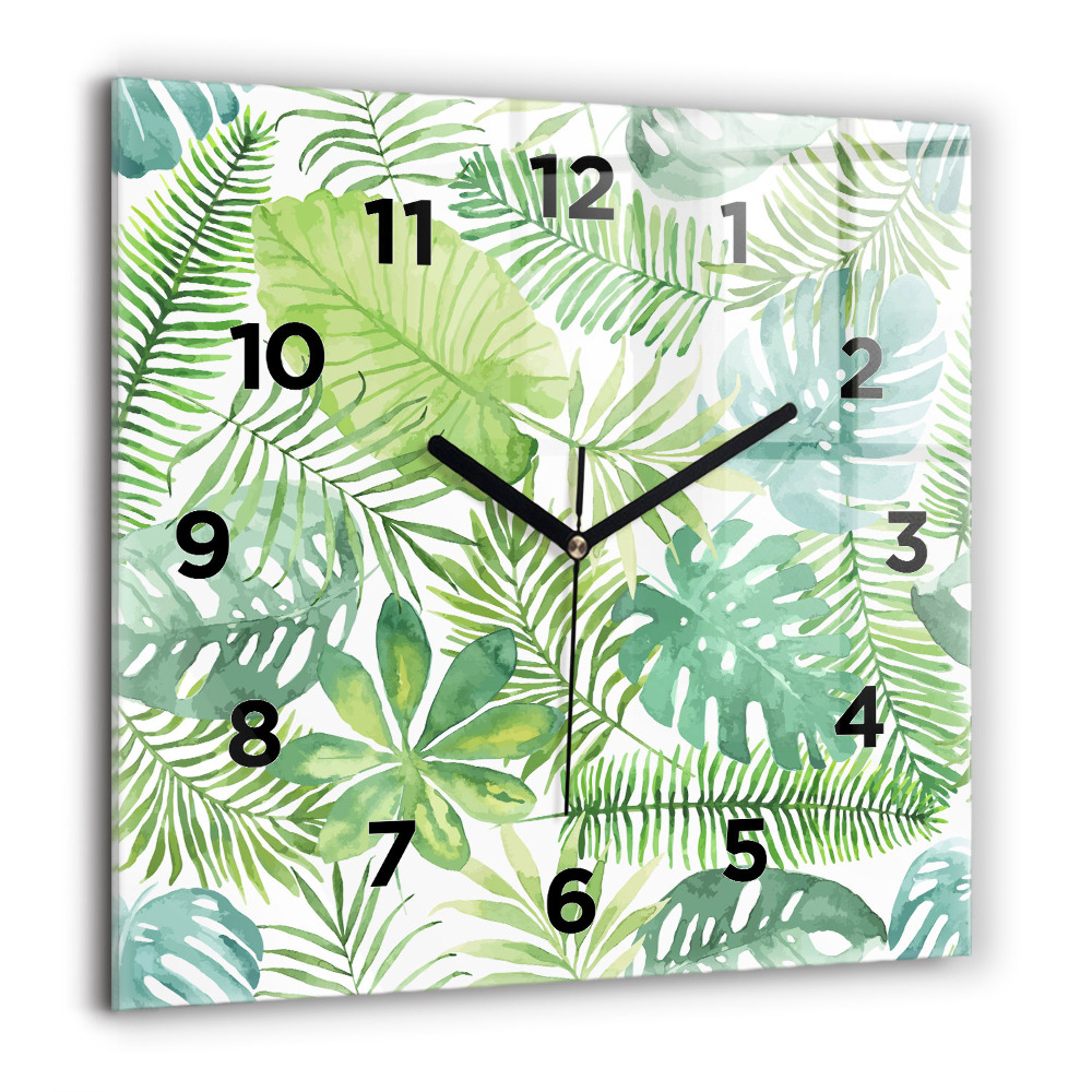 Horloge carrée en verre 60x60 cm Feuilles vertes