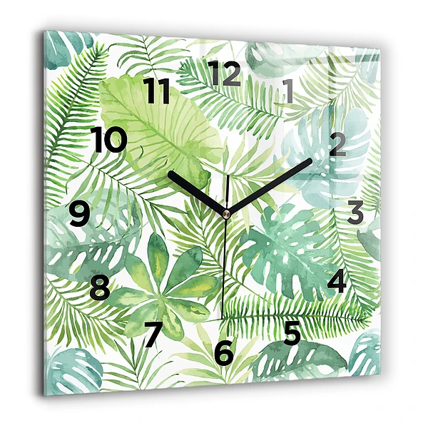 Horloge carrée en verre 60x60 cm Feuilles vertes