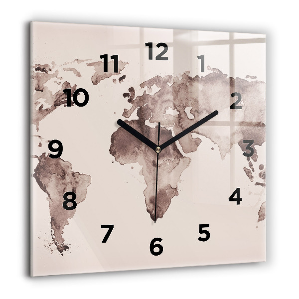 Horloge carrée en verre 60x60 cm Carte du monde à l'aquarelle