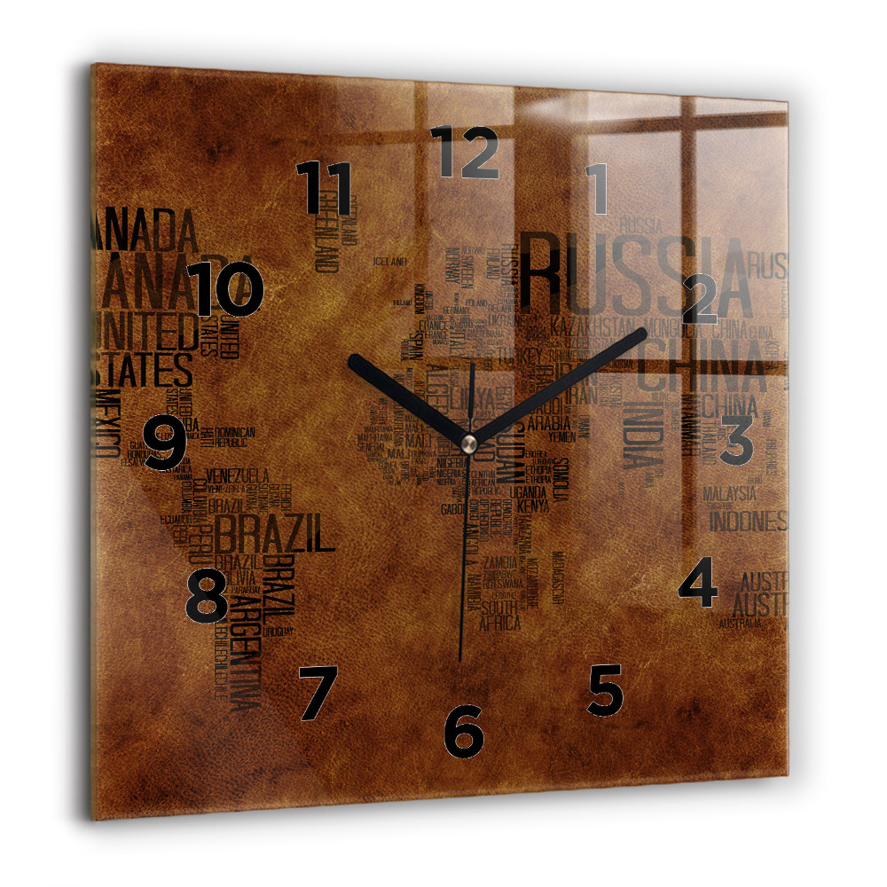 Horloge carrée en verre 60x60 cm Carte et noms de pays